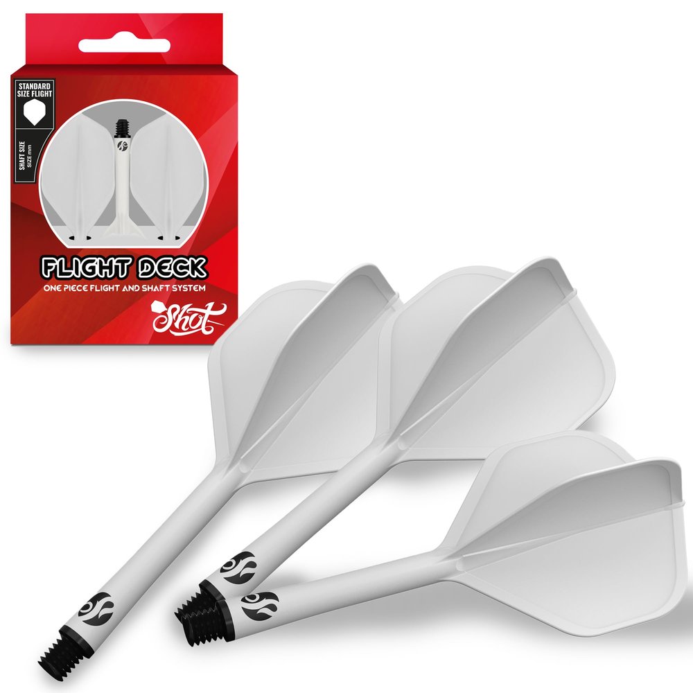 Shot! Darts Flight Deck One Piece Dart Flight and Shaft System, Reduced Deflections, Standard Shaped Flight (350 Micron) Available in Set of 3 (White, Short)