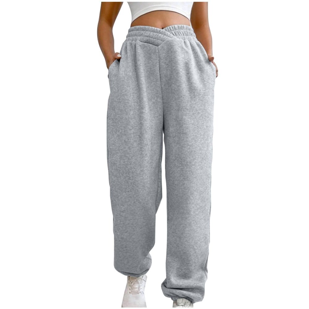 Crossover High Waisted Sweatpants for Women Asymmetrical Cross V Waist Pants Baggy Lounge Running Jogger with Pocket Gray