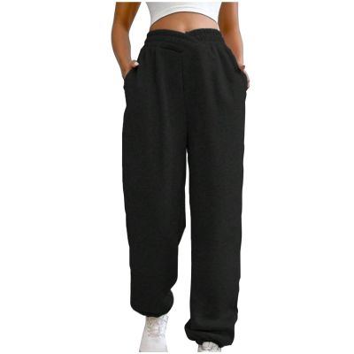 Crossover High Waisted Sweatpants for Women Asymmetrical Cross V Waist Pants Baggy Lounge Running Jogger with Pocket Black