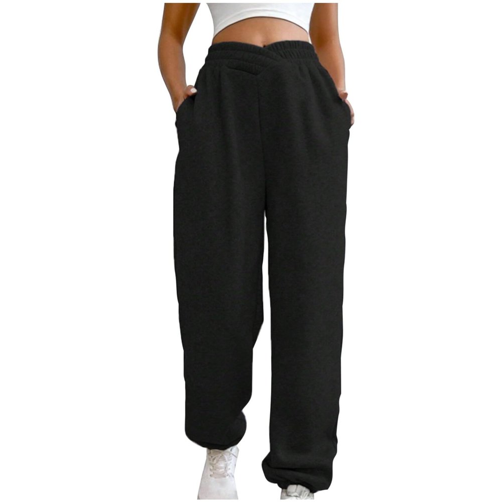 Crossover High Waisted Sweatpants for Women Asymmetrical Cross V Waist Pants Baggy Lounge Running Jogger with Pocket Black