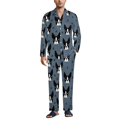 Boston Terrier Dogs Men's Pajama Sets Long Sleeve Sleepwear Button Down Lounge Set Pjs with Pockets M