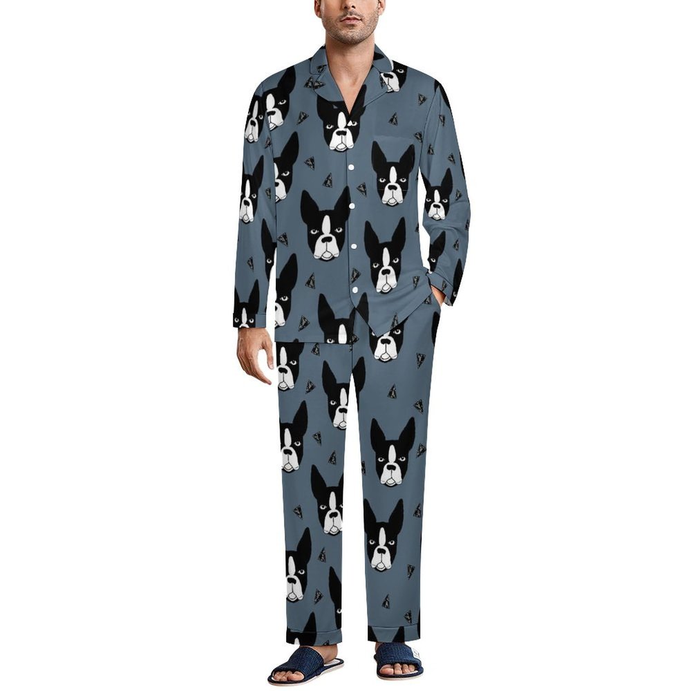 Boston Terrier Dogs Men's Pajama Sets Long Sleeve Sleepwear Button Down Lounge Set Pjs with Pockets M