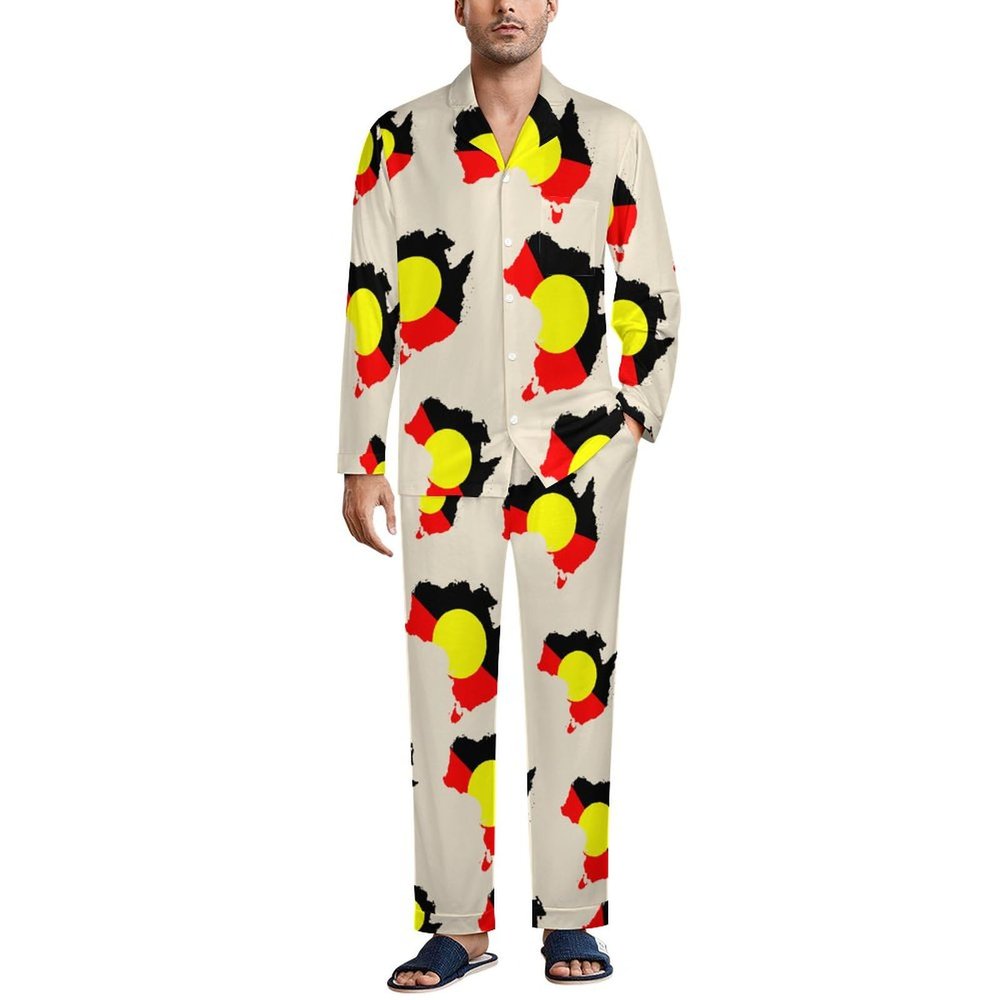 Australian Aboriginal Flag Map Men's Pajama Sets Long Sleeve Sleepwear Button Down Lounge Set Pjs with Pockets M