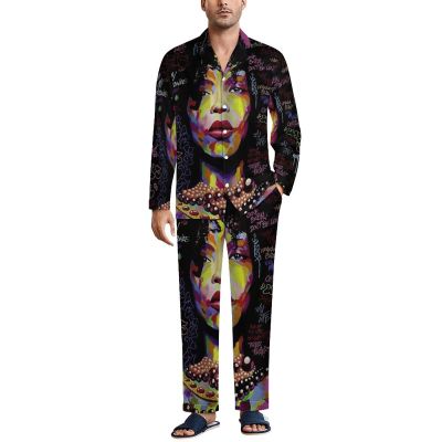 African Black Woman Men's Pajama Sets Long Sleeve Sleepwear Button Down Lounge Set Pjs with Pockets M