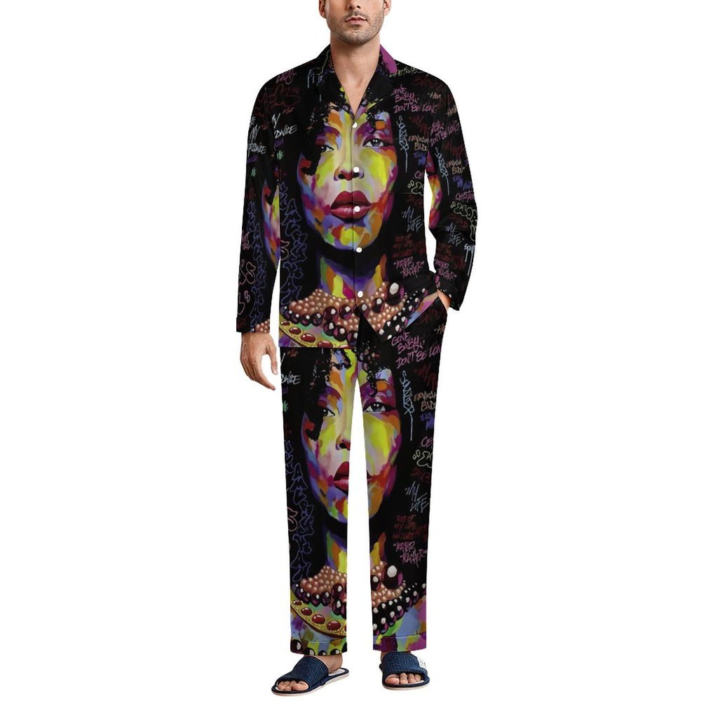 African Black Woman Men's Pajama Sets Long Sleeve Sleepwear Button Down Lounge Set Pjs with Pockets M
