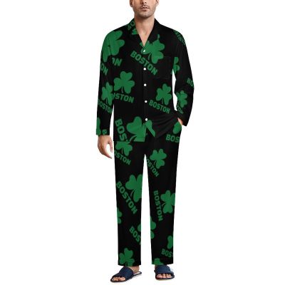 Boston Shamrock Men's Pajama Sets Long Sleeve Sleepwear Button Down Lounge Set Pjs with Pockets M