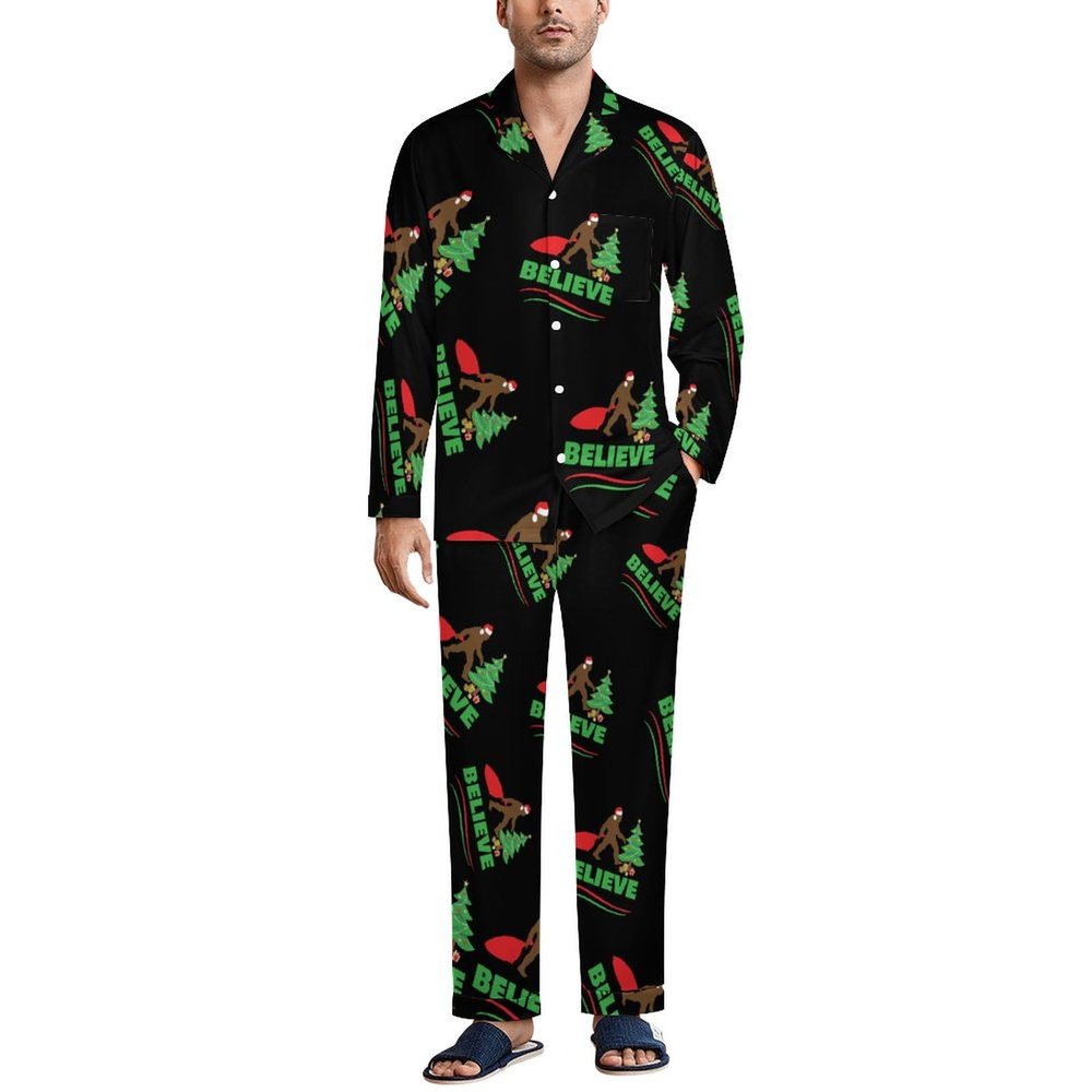 Christmas Bigfoot Sasquatch Men's Pajama Sets Long Sleeve Sleepwear Button Down Lounge Set Pjs with Pockets XL