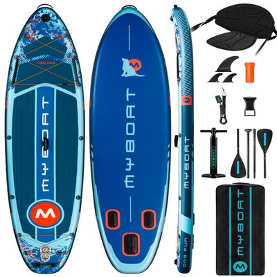 MYBOAT 11'34"6" Extra Wide Inflatable Paddle Board with Kayak Seat, Stand Up Paddle Board, Sup Board with Double Blade Paddle, 10L Waterproof Bag, 16 D-Rings, 3 Removable Fins, Camera Mount