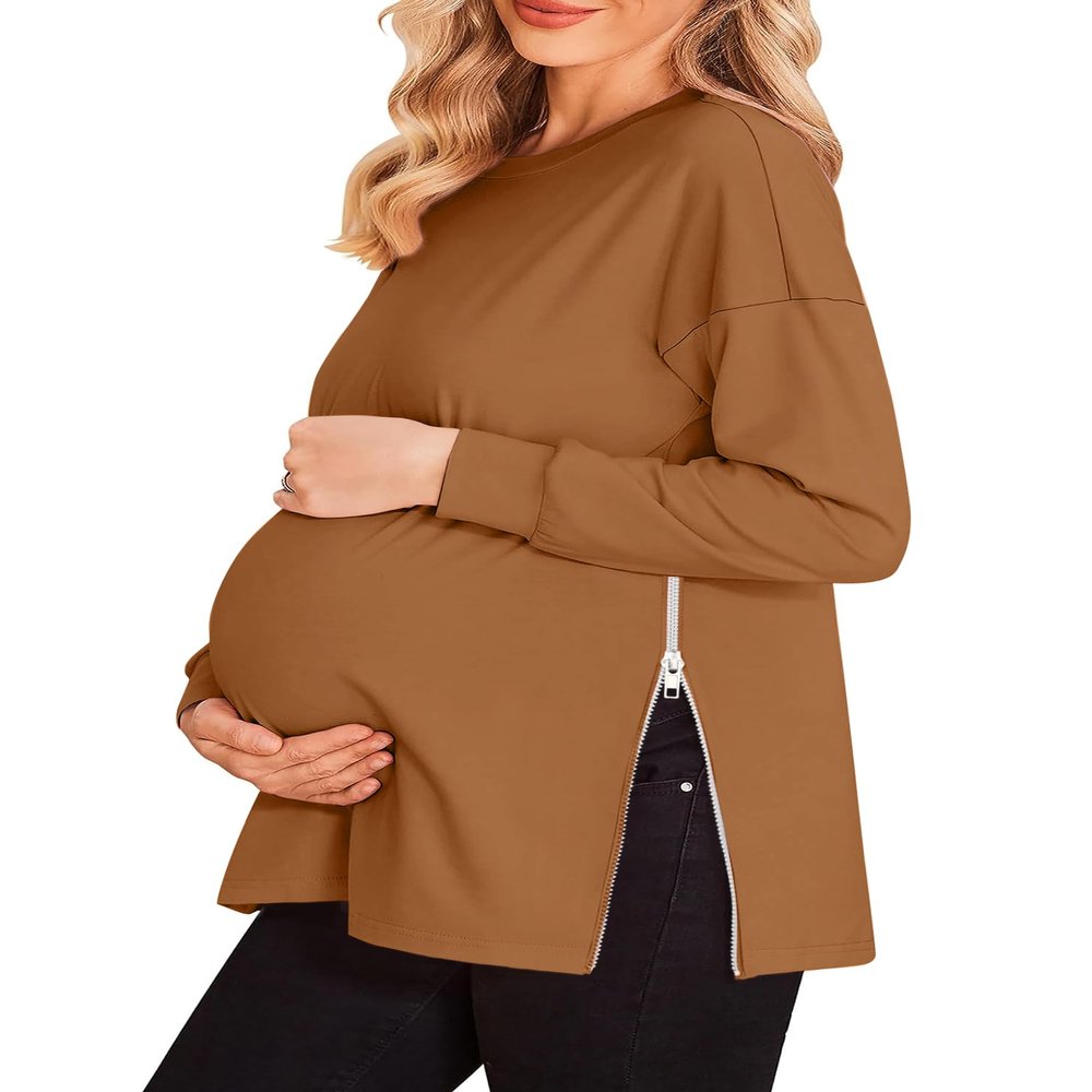 Women's Maternity Shirts Long Sleeve Sweatshirt Zipper Split Side Pregnancy Casual Tunic Top Coffee
