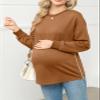 Women's Maternity Shirts Long Sleeve Sweatshirt Zipper Split Side Pregnancy Casual Tunic Top Coffee view 3