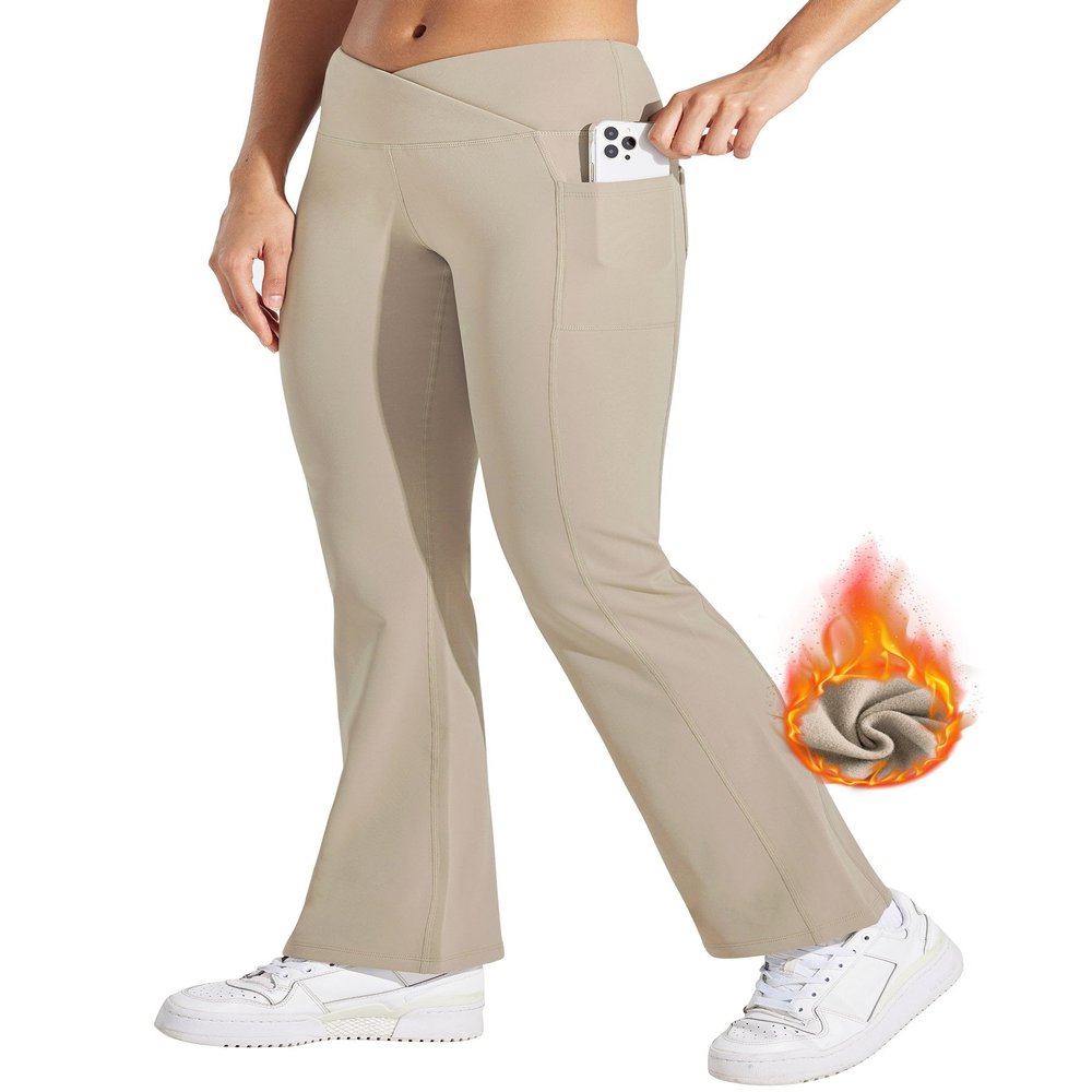 Willit Women's Fleece Lined Pants Yoga Crossover Leggings Bootcut Thermal Winter Pants Flare Leggings Water Resistant Khaki XL