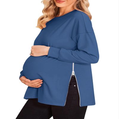 Women's Maternity Shirts Long Sleeve Sweatshirt Zipper Split Side Pregnancy Casual Tunic Top Navy Blue