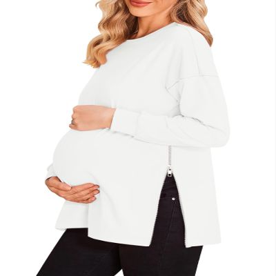 Women's Maternity Shirts Long Sleeve Sweatshirt Zipper Split Side Pregnancy Casual Tunic Top Off White