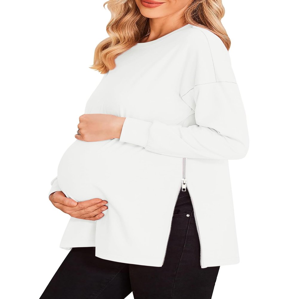 Women's Maternity Shirts Long Sleeve Sweatshirt Zipper Split Side Pregnancy Casual Tunic Top Off White