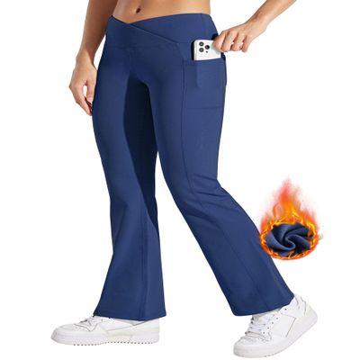 Willit Women's Fleece Lined Pants Yoga Crossover Leggings Bootcut Thermal Winter Pants Flare Leggings Water Resistant Navy Blue L