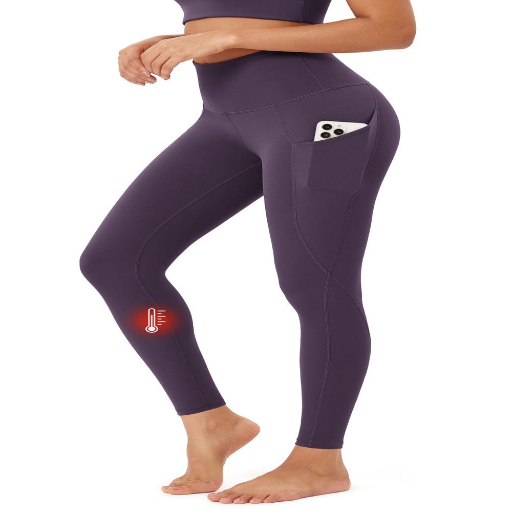 ODODOS ODTHERMAL Women's Fleece Lined Full Length Yoga Pants with Pockets - 28" High Waisted Warm Workout Leggings, Dark Purple, X-Large