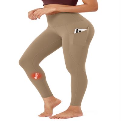 ODODOS ODTHERMAL Women's Fleece Lined Full Length Yoga Pants with Pockets - 28" High Waisted Warm Workout Leggings, Light Brown, X-Large