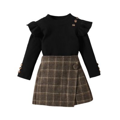 Miipat Toddler Girls Fall Winter Outfits Ruffle Knit Button Tops Plaid Mini Skorts 2Pcs Long Sleeve Set(BlackCoffee,5-6Years)