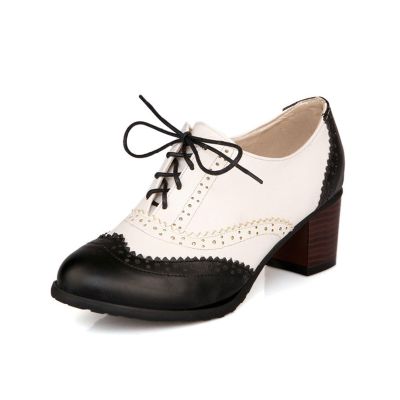 Fashionable Women's Shoes Women Oxford Wingtip Dress Shoes Vintage Chunky Heels Lace Up Block Heel Retro Shoes (Color : Black, Size : 8.5)