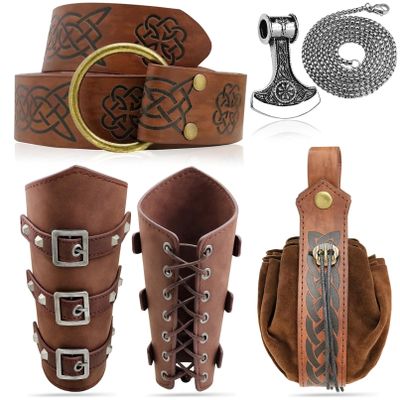 5pcs Medieval Viking Knight Bracers Arm Guards,Knight Belt,Drawstring Purse Pouch Bag and Stainless Steel Chain Axe Necklace Set for Renaissance Faires,LARP events,Halloween costumes,5 brwon set
