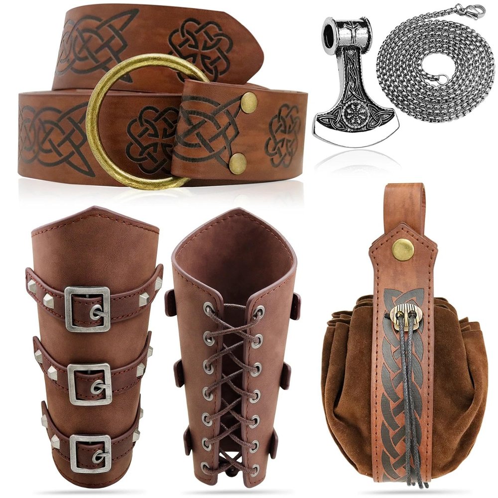 5pcs Medieval Viking Knight Bracers Arm Guards,Knight Belt,Drawstring Purse Pouch Bag and Stainless Steel Chain Axe Necklace Set for Renaissance Faires,LARP events,Halloween costumes,5 brwon set