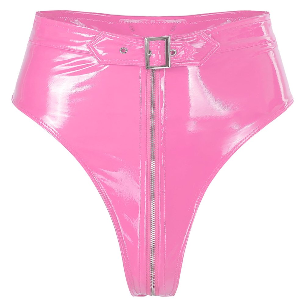 Loloda Women Shiny Wetlook PVC Leather High Waisted Booty Shorts Crotch Zipper Knickers Pink Small