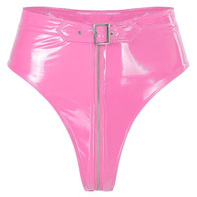 Loloda Women Shiny Wetlook PVC Leather High Waisted Booty Shorts Crotch Zipper Knickers Pink XX-Large