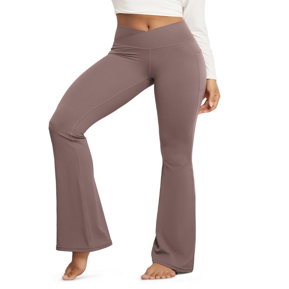 ODODOS Cloud Feeling Crossover Flared Pants with Pockets for Women, Cross Waist Bootcut Lounge Yoga Pants, 32" Inseam, Purple Taupe, Large