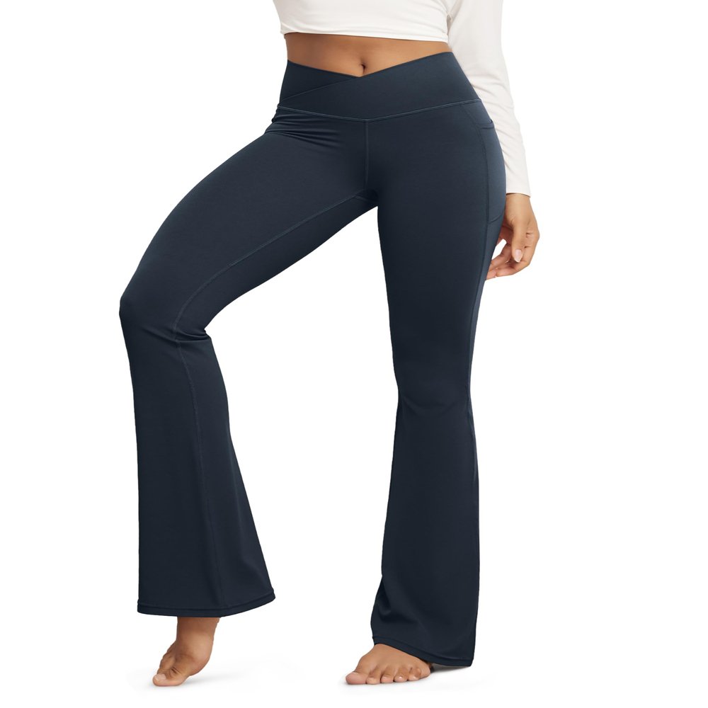 ODODOS Cloud Feeling Crossover Flared Pants with Pockets for Women, Cross Waist Bootcut Lounge Yoga Pants, 32" Inseam, Deep Navy, X-Small