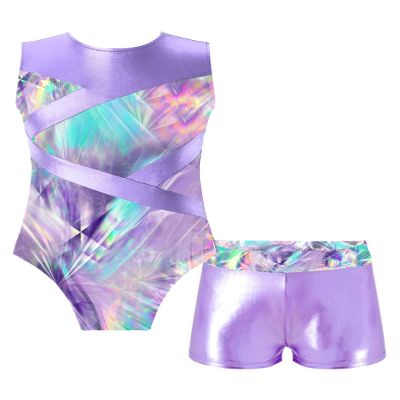 Hedmy Gymnastics Leotards for Girls, Leotards for Girls Gymnastics with Shorts Sparkle Sleeveless Biketards Lavender 4 Years