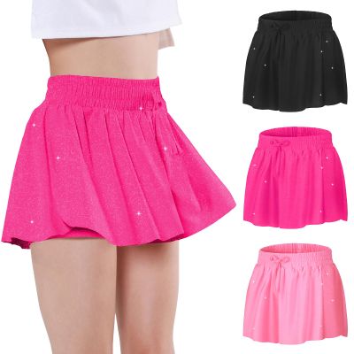 EXARUS 3 Pack Girls Shorts Butterfly Flowy Athletic Skort Dance Cheer Outfits Teen Running Skirts Preppy Tennis 2 in 1 Sparkle Glitter Kids Tween Clothes Black Pink Hot Pink 14Y