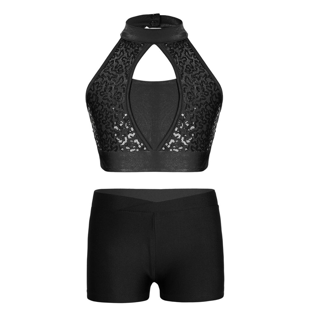 JanJean Kids Girls 2 Piece Ballet Dance Outfits Shiny Top with Booty Shorts Gymnastics Leotard Dance Tracksuit Black 10 Years