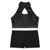 JanJean Kids Girls 2 Piece Ballet Dance Outfits Shiny Top with Booty Shorts Gymnastics Leotard Dance Tracksuit Black 10 Years view 3