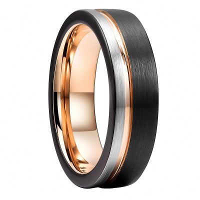 6 mm Black Tungsten Carbide Ring Womens Wedding Ring Couples Engagement Band Brushed Finish Grooved Comfort Fit
