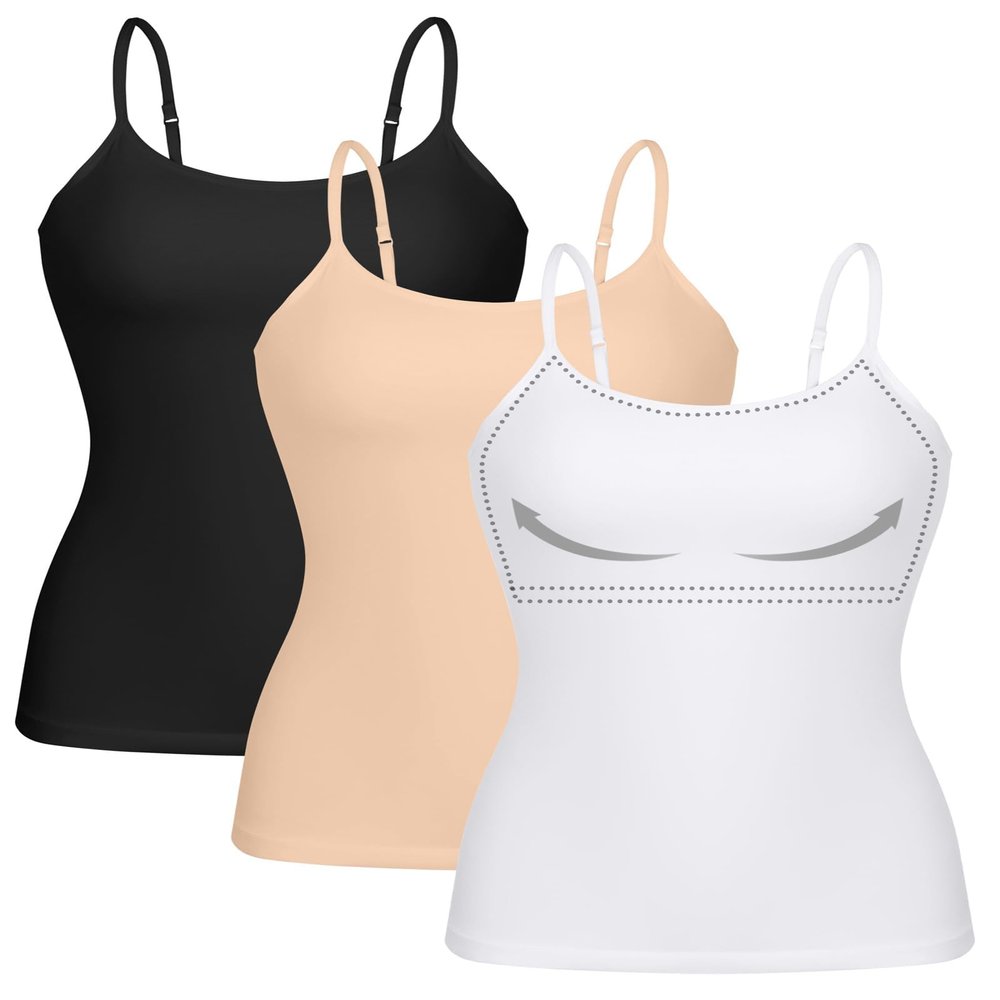 ATTRACO Cotton Camisoles for Women with Built in Bra Long Tank Tops Nude White S