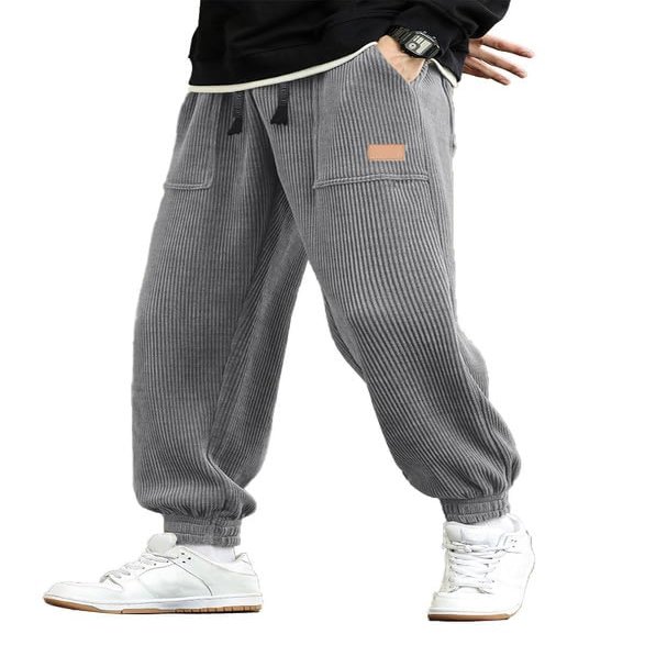 JMIERR Mens Gray Corduroy Pants Casual Harem Cargo Pants Drawstring Waist Stretch Tapered Joggers Sweatpants Pants with Pocket for Men,XL,Gray