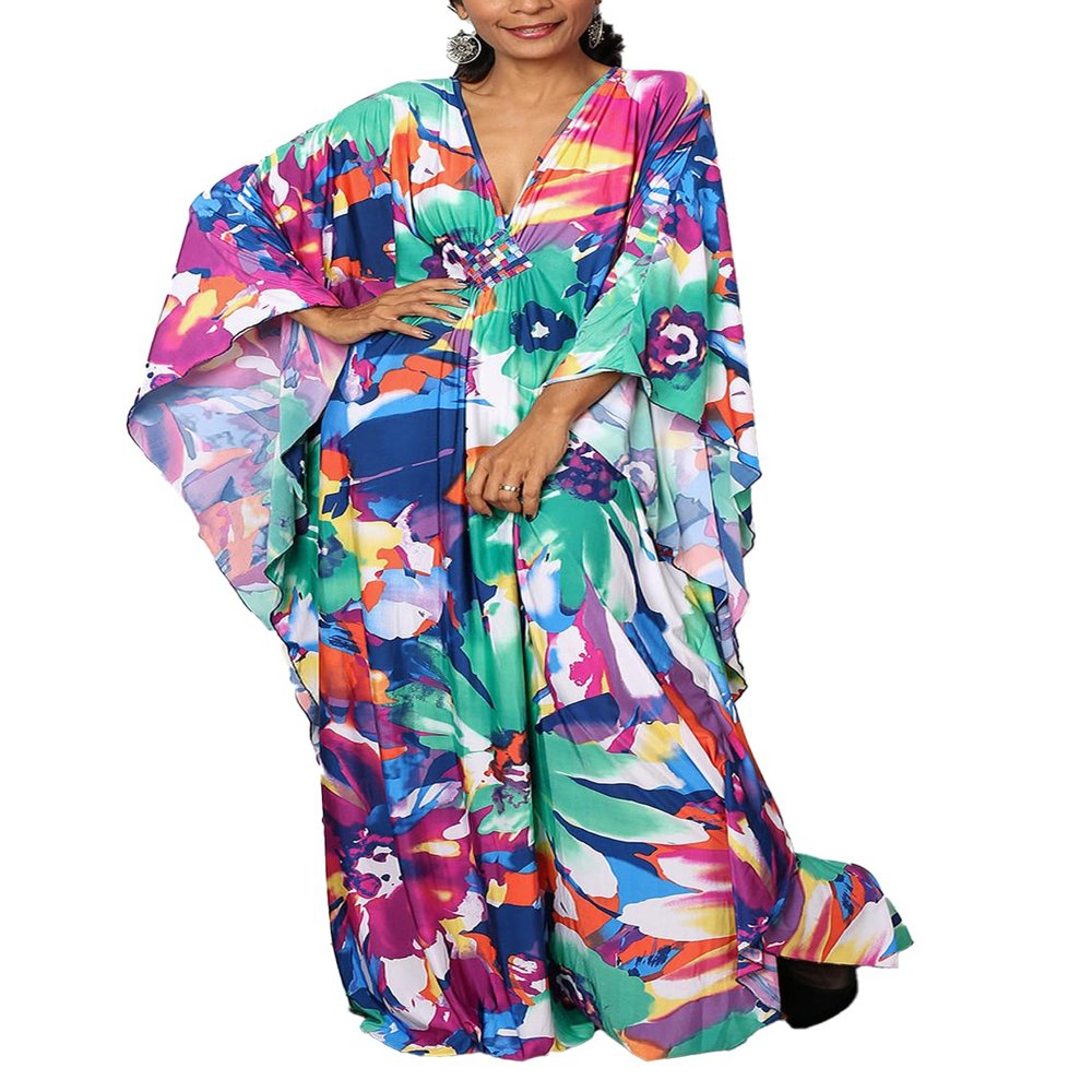 Leisureperiod Caftan for Women Plus Size Swimsuit Cover Up Ethnic Print Kaftan Beach Dress Batwing Sleeve Loungewear