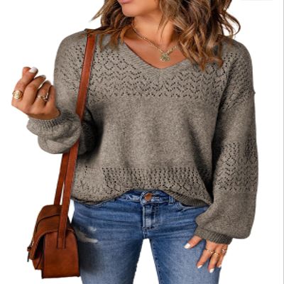 SHEWIN Womens Oversized Sweaters Casual Lightweight Long Sleeve V Neck Crochet Sweater Cable Knit Pullover Jumper Fall Fashion 2025 Womens Tops, 2XL, Chestnut