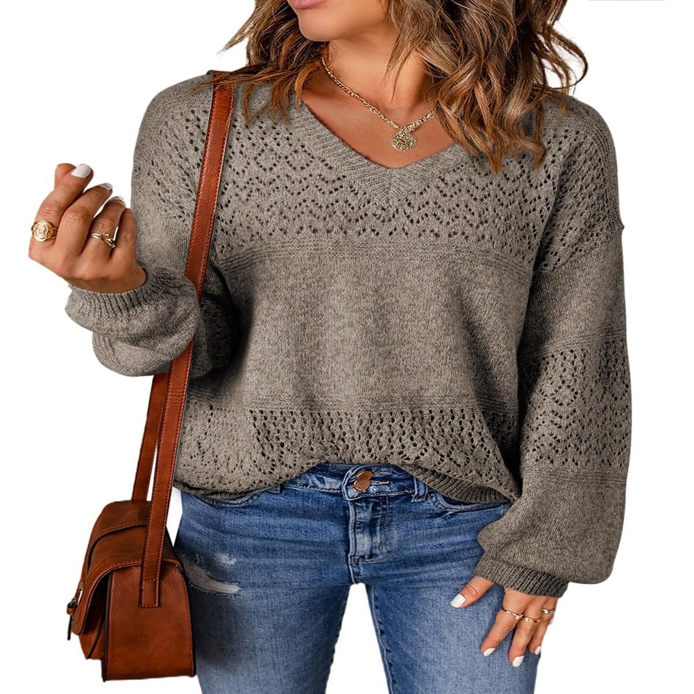 SHEWIN Womens Oversized Sweaters Casual Lightweight Long Sleeve V Neck Crochet Sweater Cable Knit Pullover Jumper Fall Fashion 2025 Womens Tops, 2XL, Chestnut