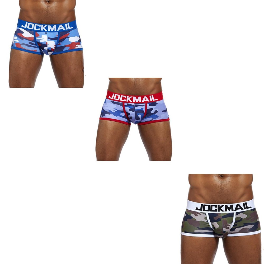 JOCKMAIL 3 Pack Mens Camoflage Underwear Boxers Sexy Classic Printed Camouflage Men Underwear Panties (413-Blue+Red+Green,XX-Large)