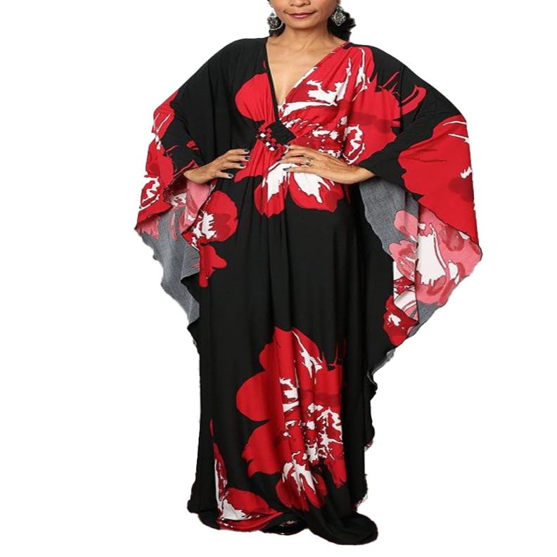 Leisureperiod Caftan for Women Plus Size Swimsuit Cover Up Ethnic Print Kaftan Beach Dress Batwing Sleeve Loungewear