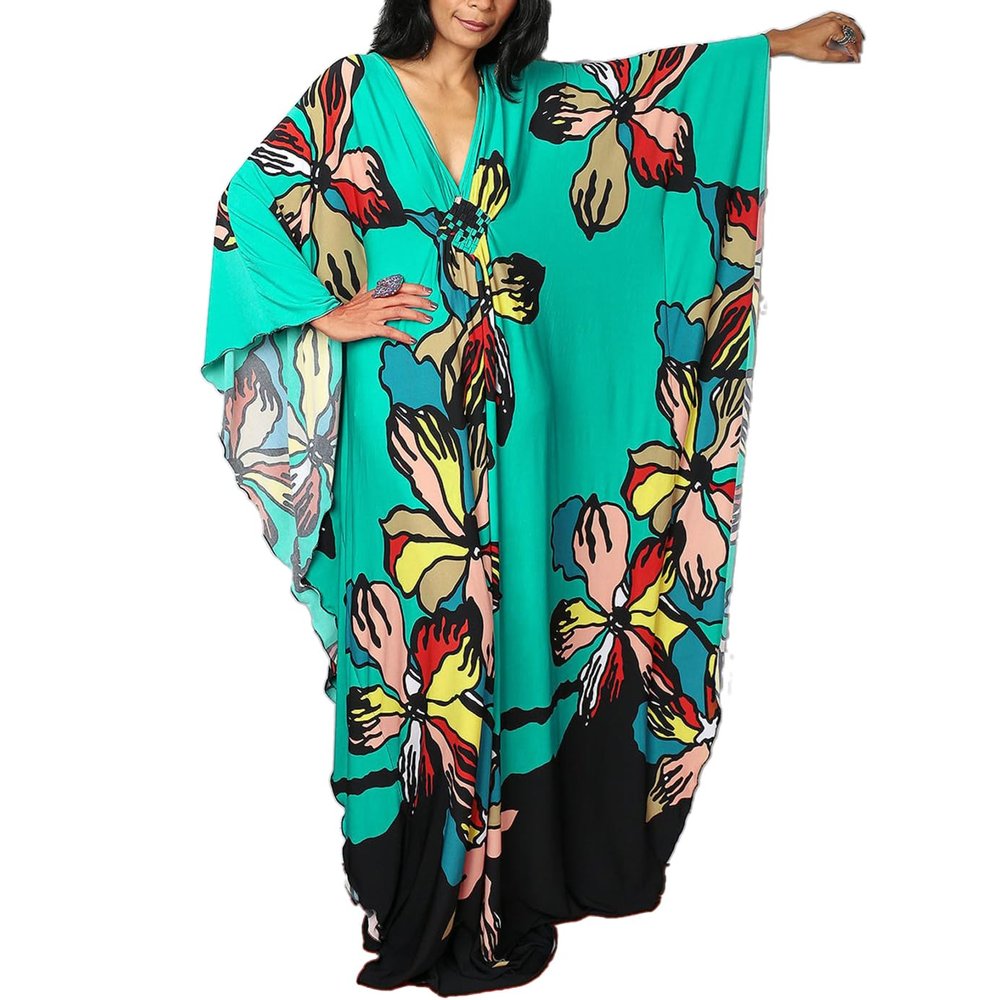Leisureperiod Caftan for Women Plus Size Swimsuit Cover Up Ethnic Print Kaftan Beach Dress Batwing Sleeve Loungewear