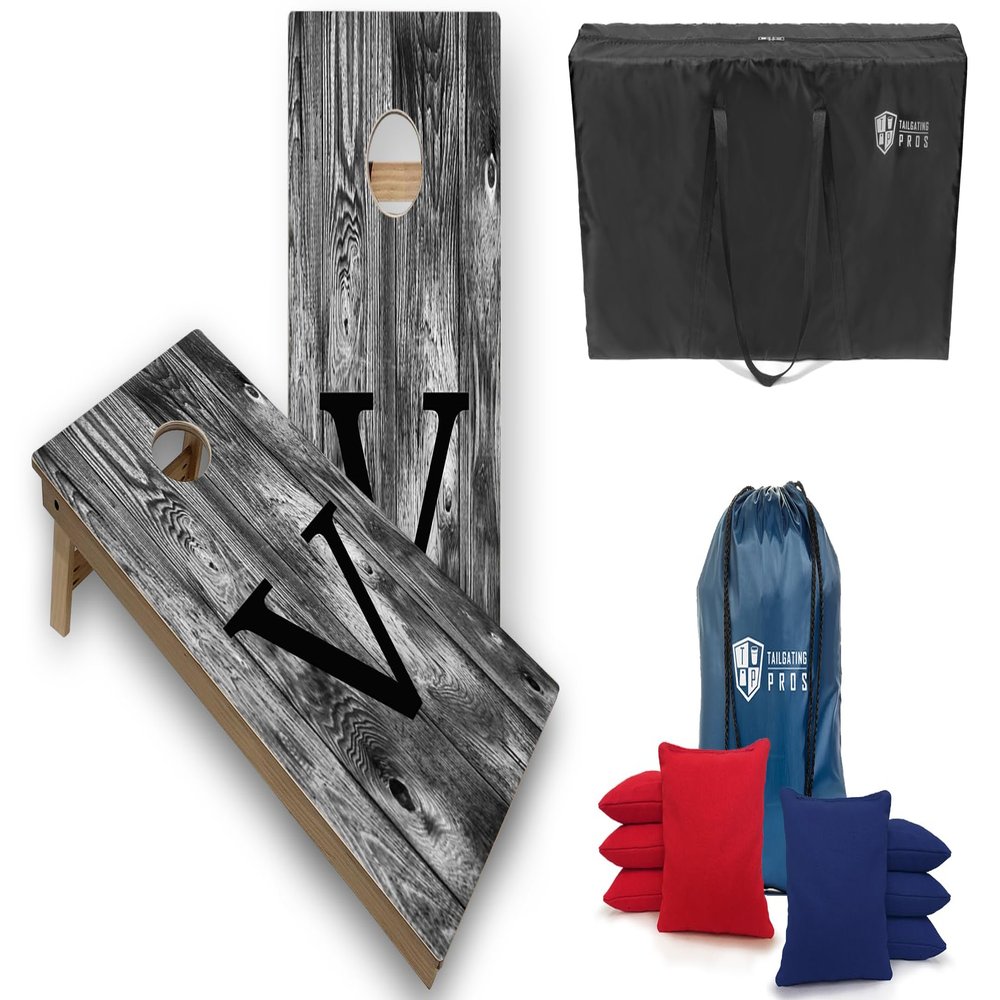 Tailgating Pros Monogrammed Grey Cornhole Boards w/Ring Lights - 4'x2' Tournament Grade Cornhole Game- Includes Ring Lights, Carrying Case, Set of 8 Cornhole Bags & Bag Tote