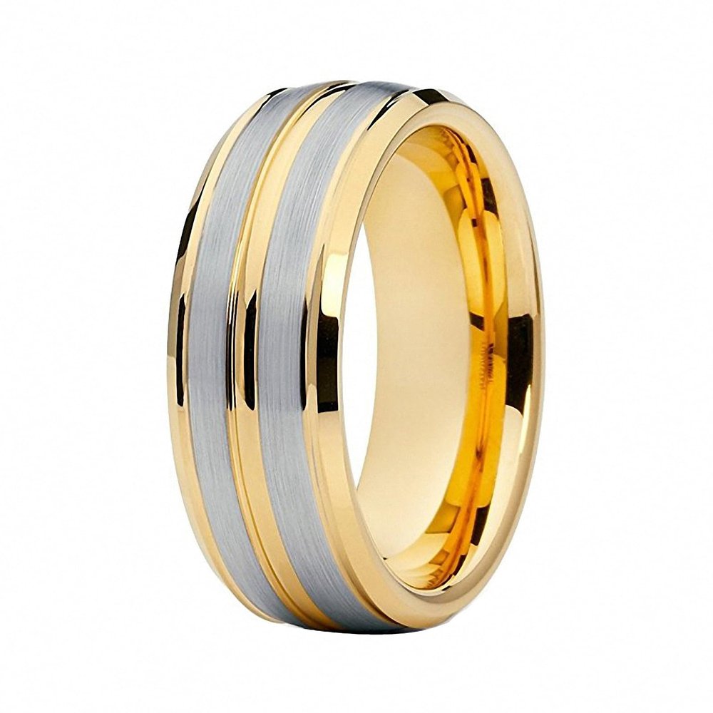 8 mm Gold Tungsten Wedding Band Ring for Men Women Grooved Center Brushed Finish Beveled Edges