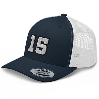 RIVEMUG Team Number 15 Embroidered Trucker Hat Curved Bill Mid Crown Adjustable Baseball Cap Navy/White