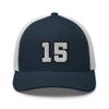 RIVEMUG Team Number 15 Embroidered Trucker Hat Curved Bill Mid Crown Adjustable Baseball Cap Navy/White view 2