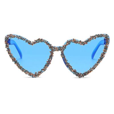 willochra Cute Rimless Rhinestone Heart Sunglasses for Women Shiny Bling Diamond Glasses Cat Eye Stylish Party Eyewear (Dark blue)