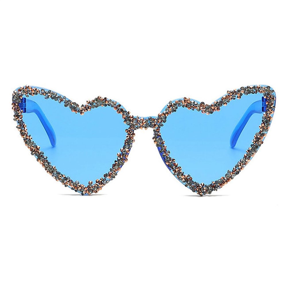 willochra Cute Rimless Rhinestone Heart Sunglasses for Women Shiny Bling Diamond Glasses Cat Eye Stylish Party Eyewear (Dark blue)