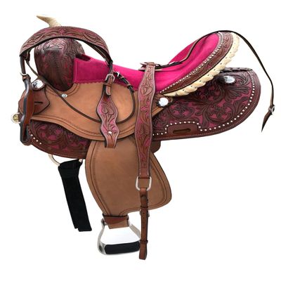 8" Inch Kids Youth Western Horse Barrel Saddle Leather Tack Set Matching Headstall Breast Collar Reins Pink