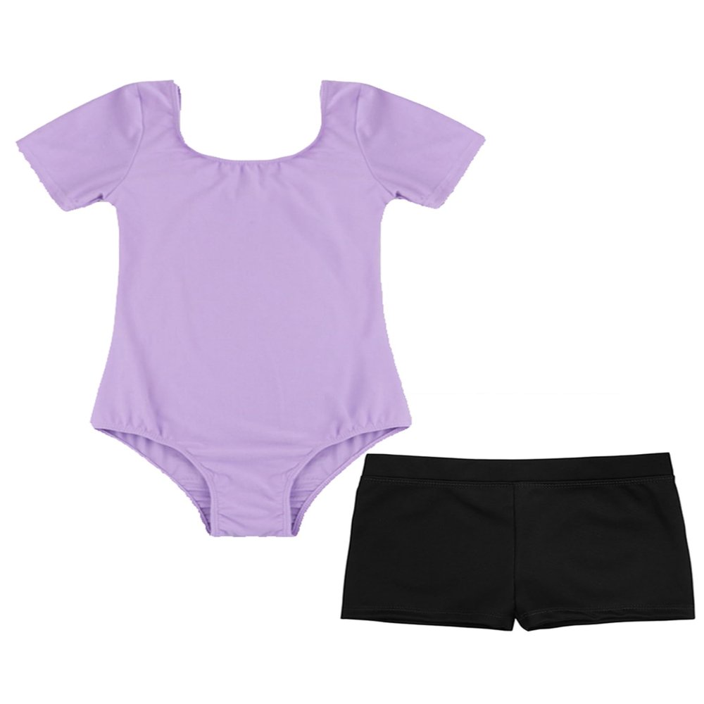 Loodgao 2 Piece Gymnastics Outfits for Girls Short Sleeve Ballet Dance Leotard Kids Biketard Unitard with Shorts Dancewear Lavender 6